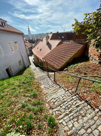 High angle view of old houses against sky