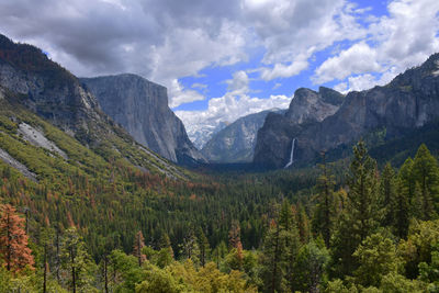 Scenic view of mountains against cloudy sky