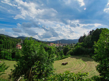 High angle view of trees and buildings against sky