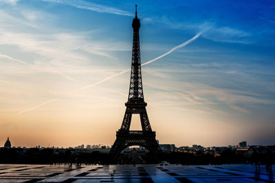 Low angle view of silhouette eiffel tower against sky during sunset