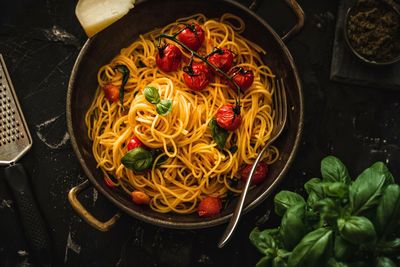 High angle view of noodles in bowl on table