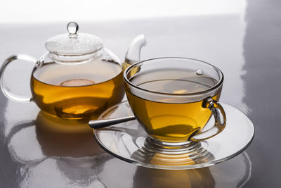 Close-up of tea in glass on table