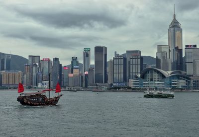 View of modern buildings against cloudy sky