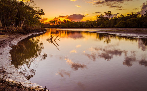 Scenic view of lake against sky during sunset