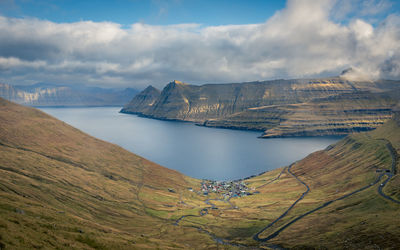 Scenic view of village in bay