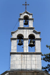 Low angle view of bell tower against sky