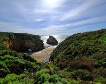 Scenic view of sea by trees against sky