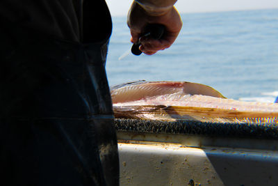 Close-up of a fish being processed at sea
