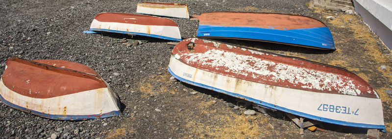 High angle view of boat moored at beach