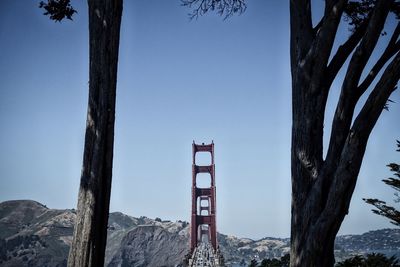 Built structure by trees against clear blue sky