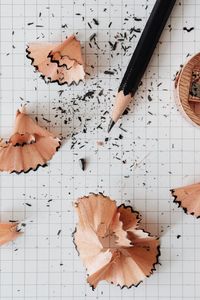 Close-up of pencil shavings on paper