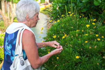 Side view of senior woman plucking flowers in park