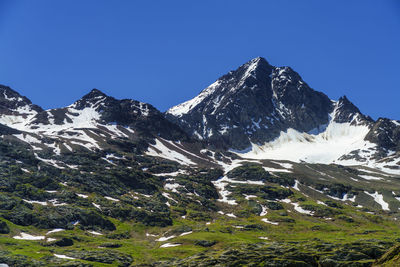 Scenic view of snowcapped mountains against clear blue sky