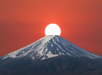 Scenic view of snowcapped mountain against clear sky during winter