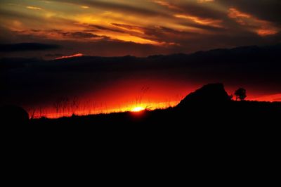 Scenic view of silhouette mountain against sky at sunset