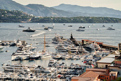 High angle view of boats in sea