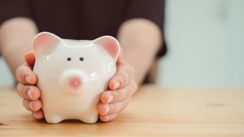 Close-up of person holding piggy bank on table