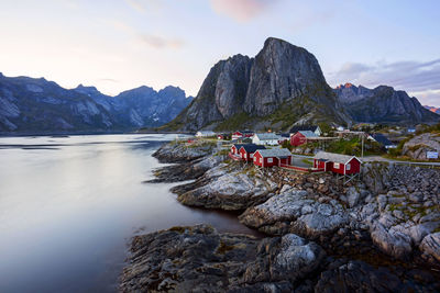 Scenic view of rocks and mountains against sky