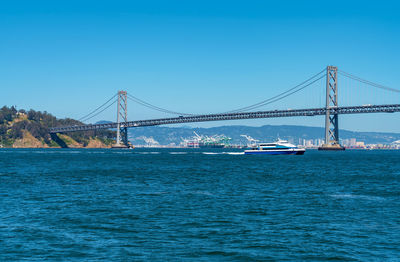 View of suspension bridge over sea