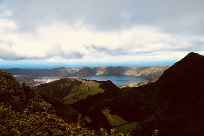 Panoramic view of sea and mountains against sky