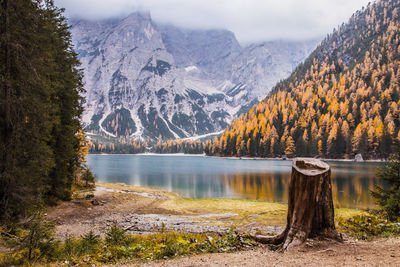 Scenic view of lake by mountain against sky