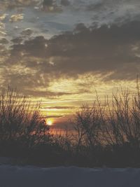 Scenic view of snow covered land during sunset