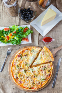 High angle view of pizza on table