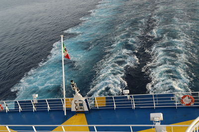 High angle view of ship sailing in sea