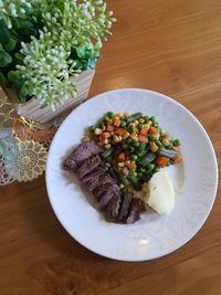 High angle view of meal served on table