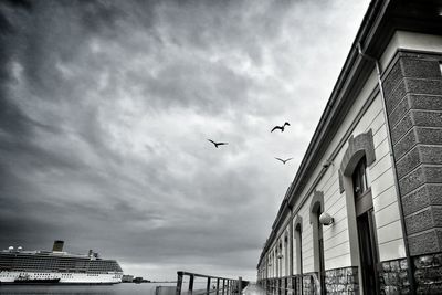 Low angle view of bird flying against cloudy sky