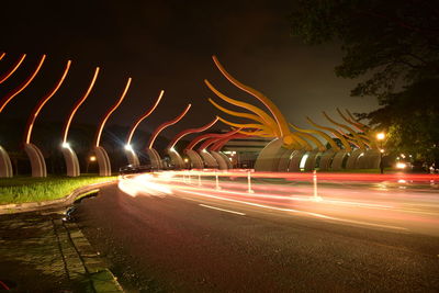 Light trails on road against sky at night