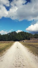 Dirt road amidst plants against sky