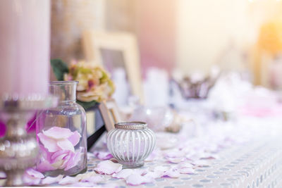 Flower pots on table at home