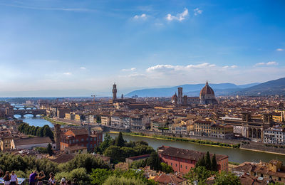 High angle view of cityscape against blue sky during sunny day