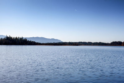 Scenic view of lake against clear blue sky