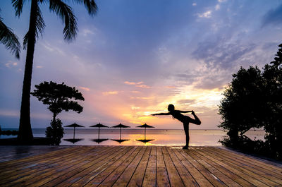 Silhouette person standing by tree against sky during sunset