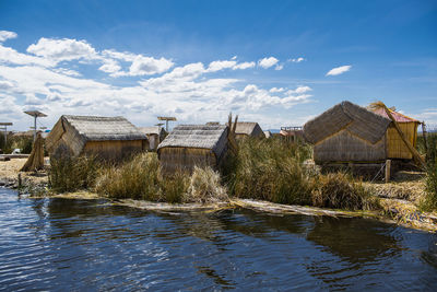 Houses on the floating islands on the titicaca lake in peru