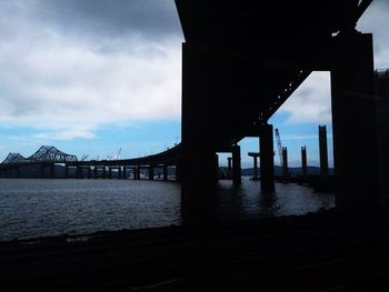 Bridge over river against cloudy sky