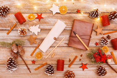 High angle view of christmas decorations on table