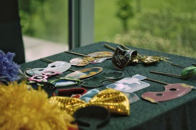 Close-up of coins on table