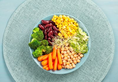 Directly above shot of chopped vegetables in bowl