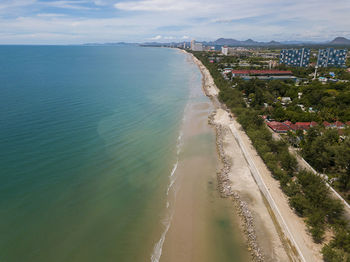 Aerial view of landscape of downtown or cha-am city between beach and tropical tree on cha-am beach,