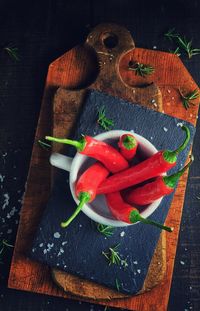 High angle view of chopped vegetables on cutting board