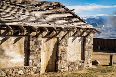 Exterior of old stone bathhouse building at california hot springs