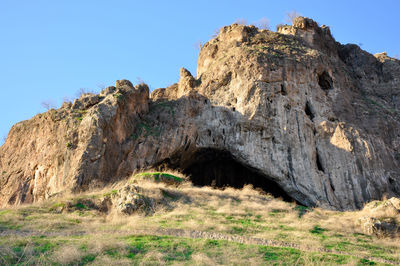 Low angle view of rock formations against sky