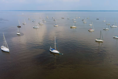 High angle view of sailboats in sea