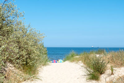 Scenic view of sea against clear blue sky