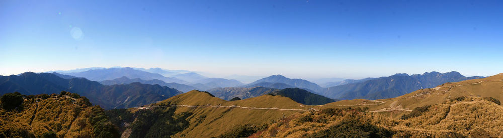 Panoramic view of mountains against clear blue sky