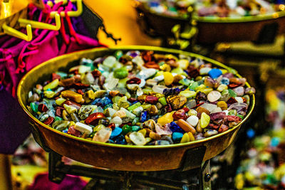 High angle view of multi colored candies in bowl