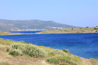 Scenic view of landscape against clear blue sky